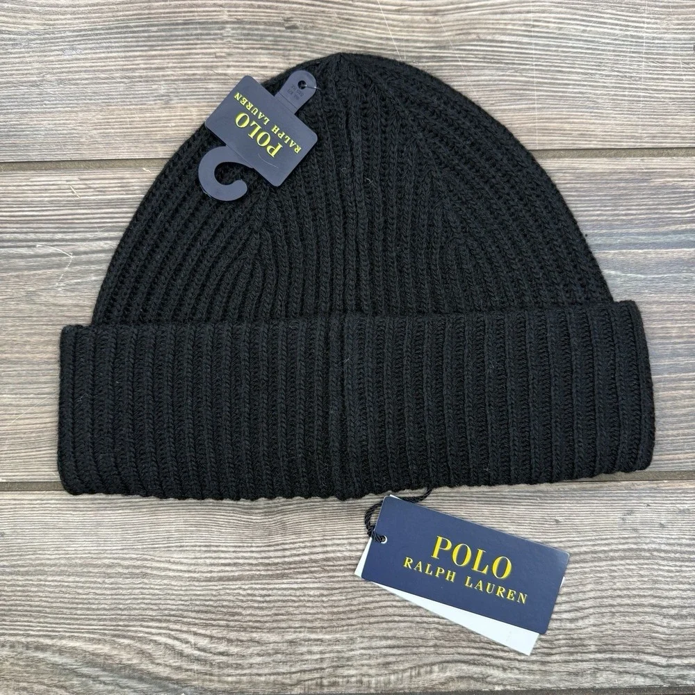 Polo Ralph Lauren Men's 100% Wool Ski Bear Tuxedo Hat Beanie Black NEW